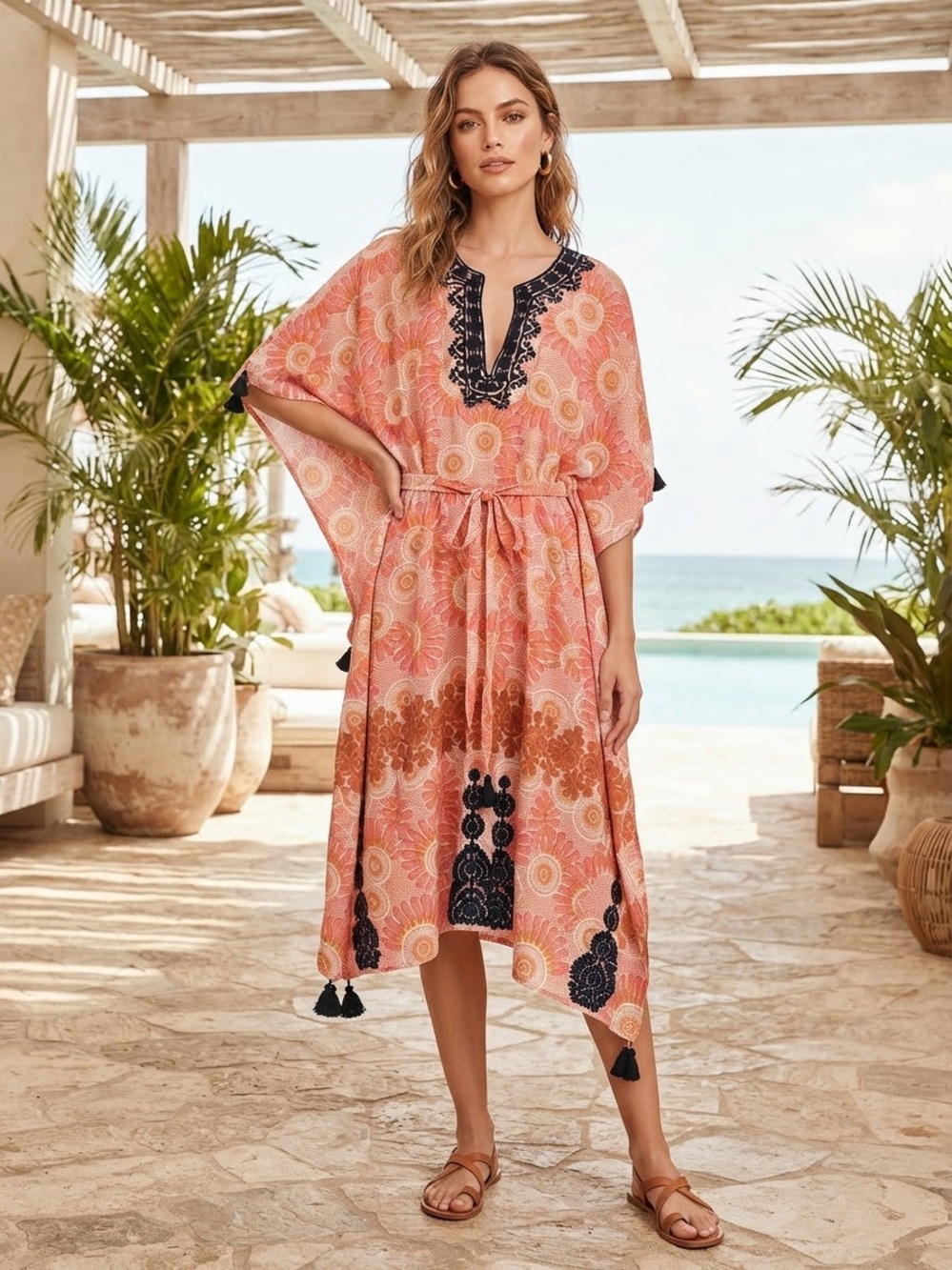 Figue Elizabeth Floral Caftan Embroidered Trim